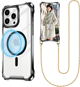 UnnFiko Crossbody Phone Lanyard for iPhone 13 Case Compatible with Magsafe Clear, Drop Protection Metal Phone Strap Magnetic Phone Case for iPhone 13 Gold