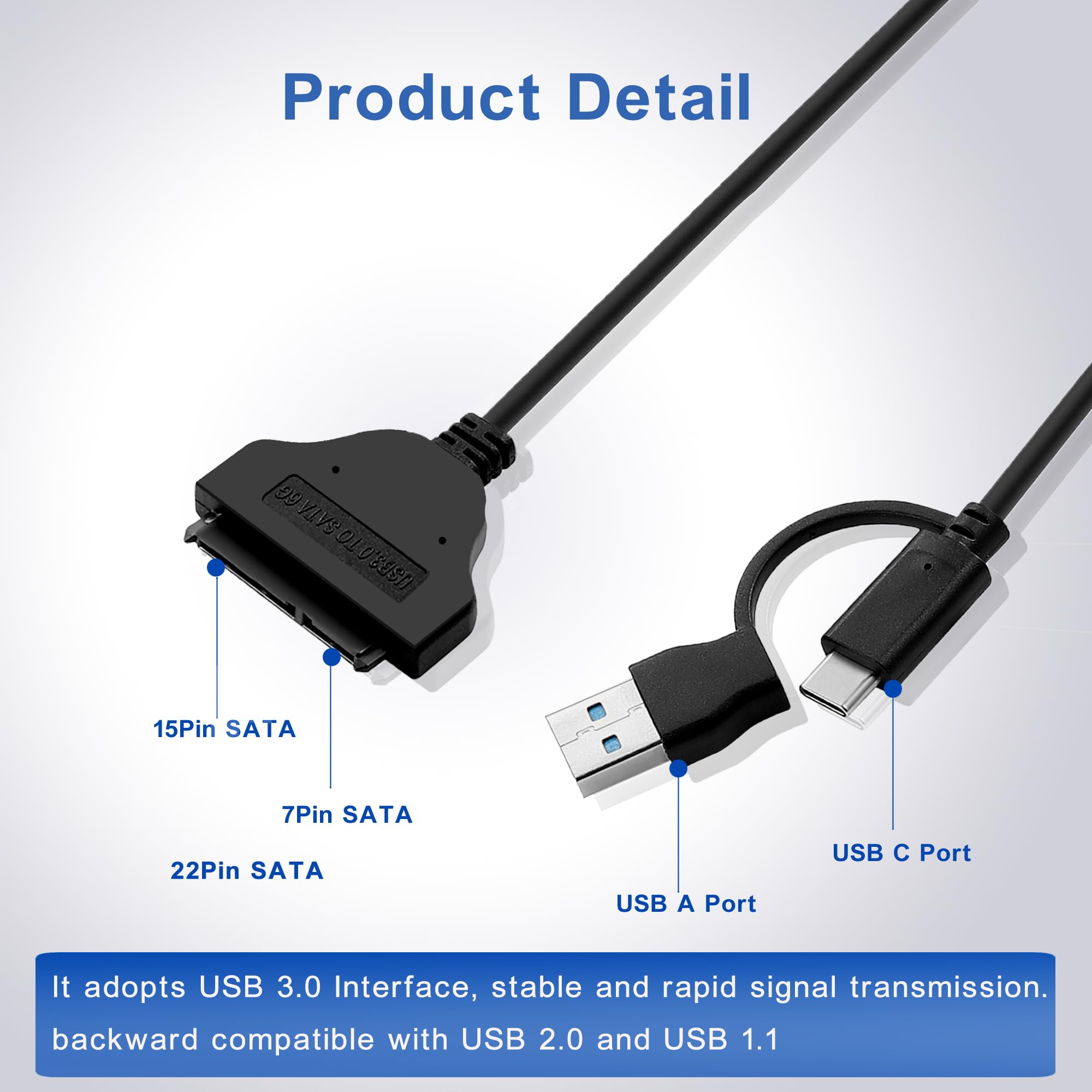 Cable SATA a USB de 3.2 pies, 2 en 1 USB-C/USB-A 3.0 a SATA III, adaptador de disco duro compatible con HDD y SSD de 2.5 pulgadas (39.4 in) 7