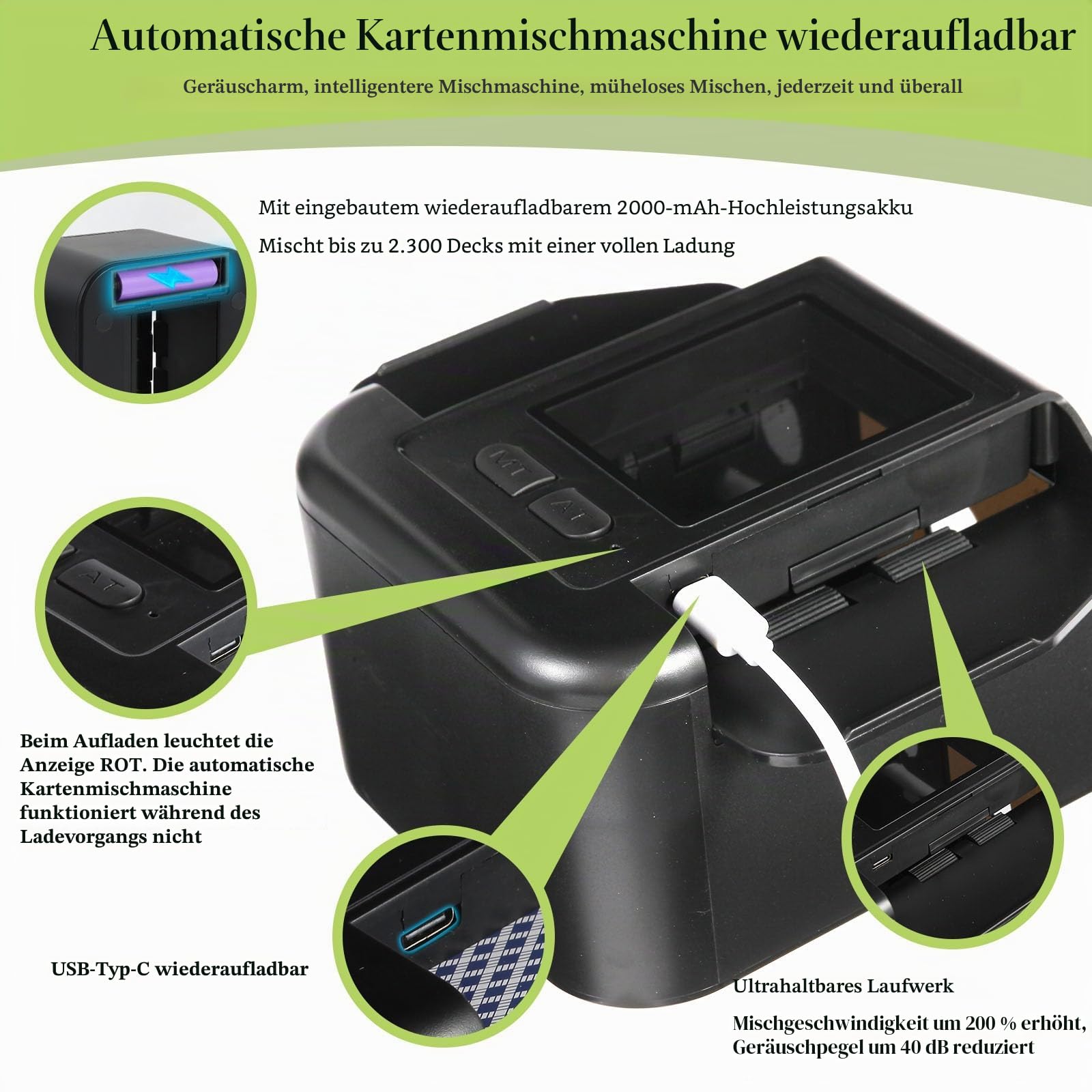 Wiederaufladbar Automatischer Kartenmischer für 2 Decks, Geräuscharm Elektrischer Kartenmischer mit Auto & Manuell, Tragbar Kartenmischmaschine für UNO Romme Phase 10 Skip-BO etc Karte
