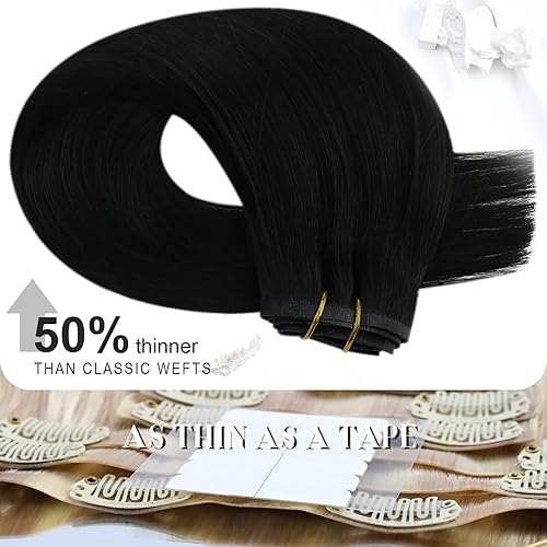 Miniatura 3 de Moresoo - Extensiones de cabello humano negro real con pinzas, sin costuras, trama de piel de poliuretano, para toda la cabeza, negro natural, de 18