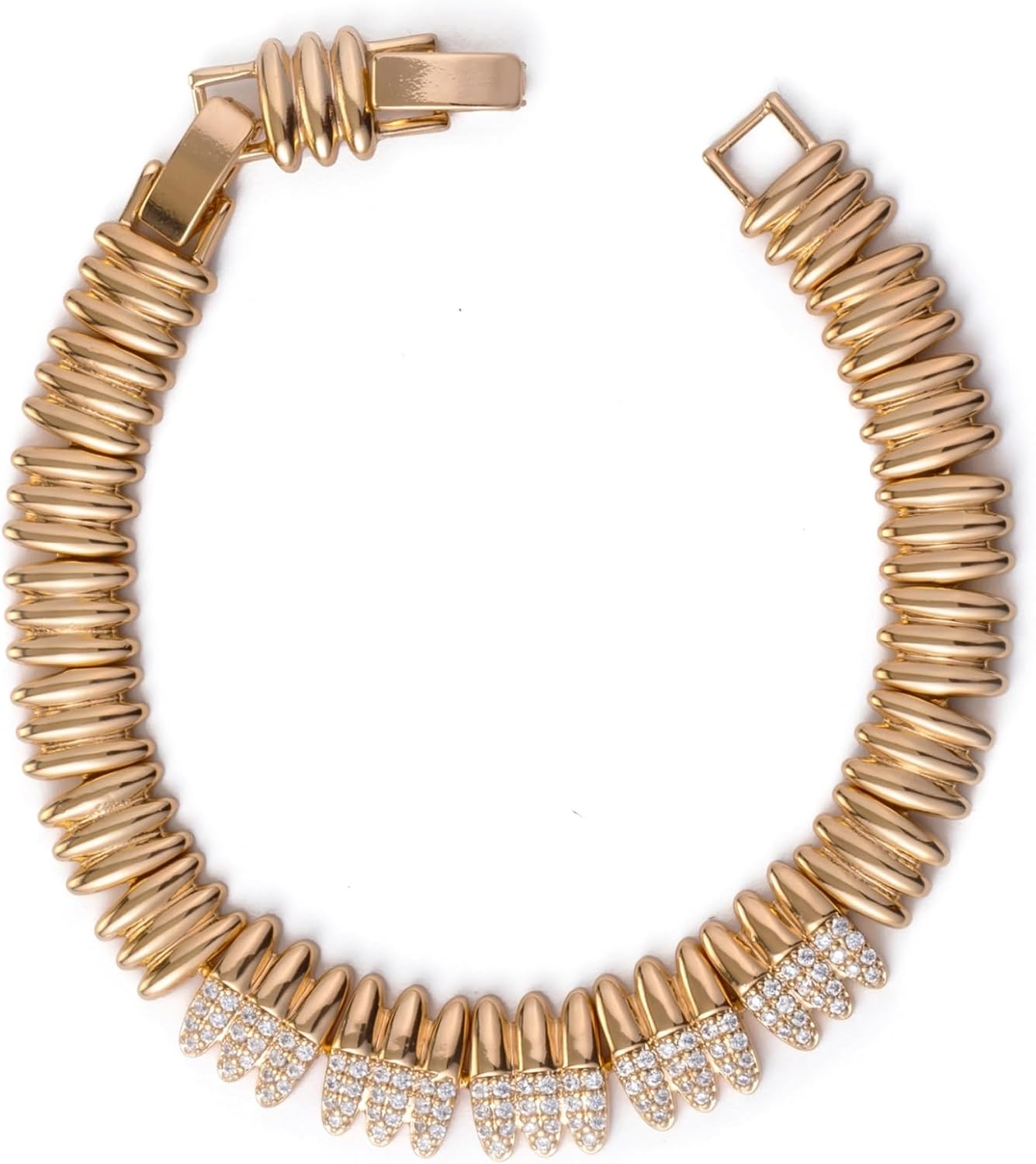 Rose Gold Plated Bullet Link Bracelet for Women – CZ Accent, Copper Base & Nickel-Free, Adjustable 17/19cm with Detachable Link, Luxury Statement Jewelry Gift