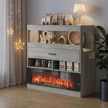 BOSSIN 36 Hamster Cage with Storage Cabinet, Small Animal Cage with 36 Electric Fireplace, Flip-Top Lid & Acrylic Viewing Chew-Proof Habitat for Guinea Pig, Hedgehog, Rat, Lizard, Grey