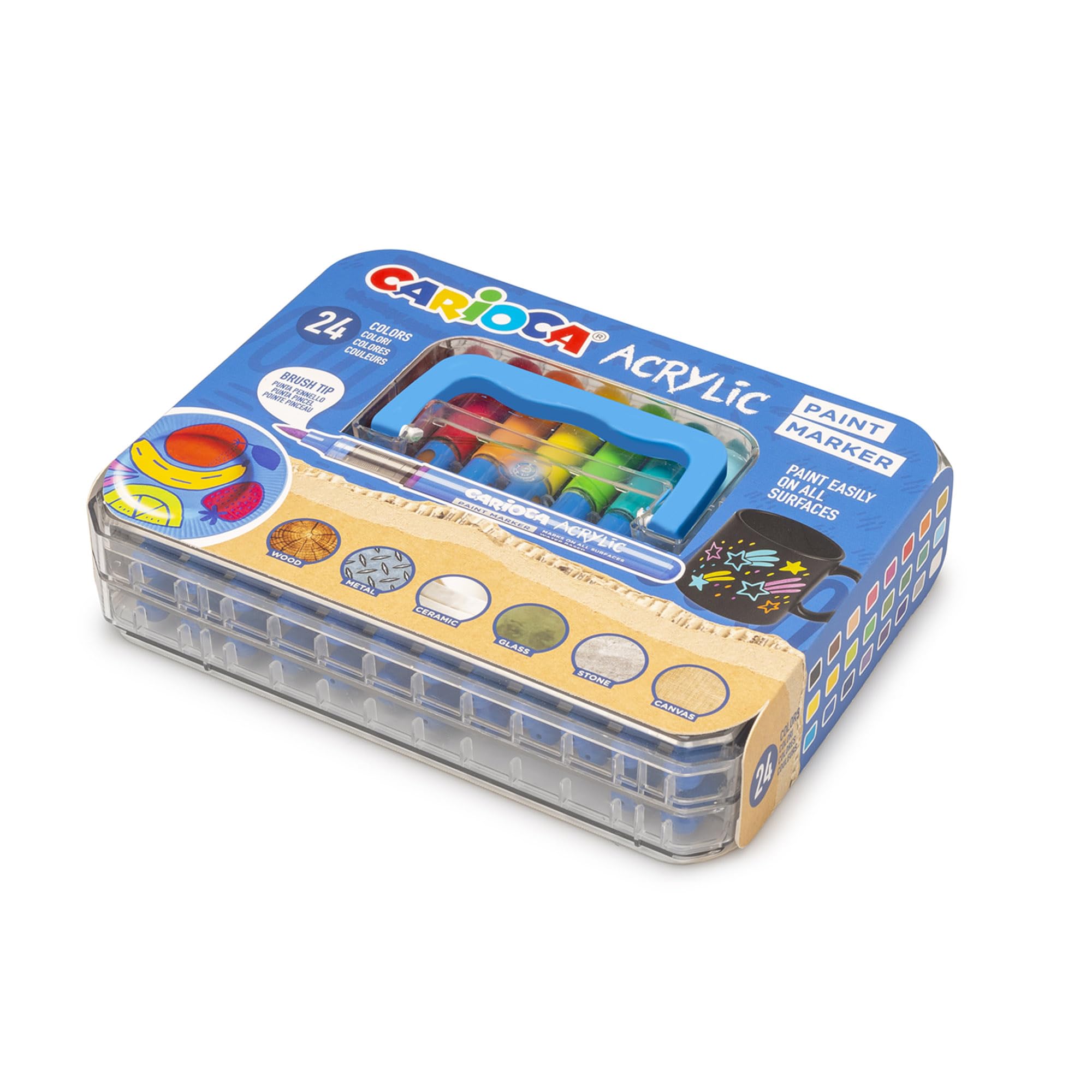 CARIOCA Rotulador Acrílicos | Caja Rígida de 24 rotuladores permanentes | Punta Pincel | Apto para todas las superficies y alta opacidad | Base de Agua | 24 colores