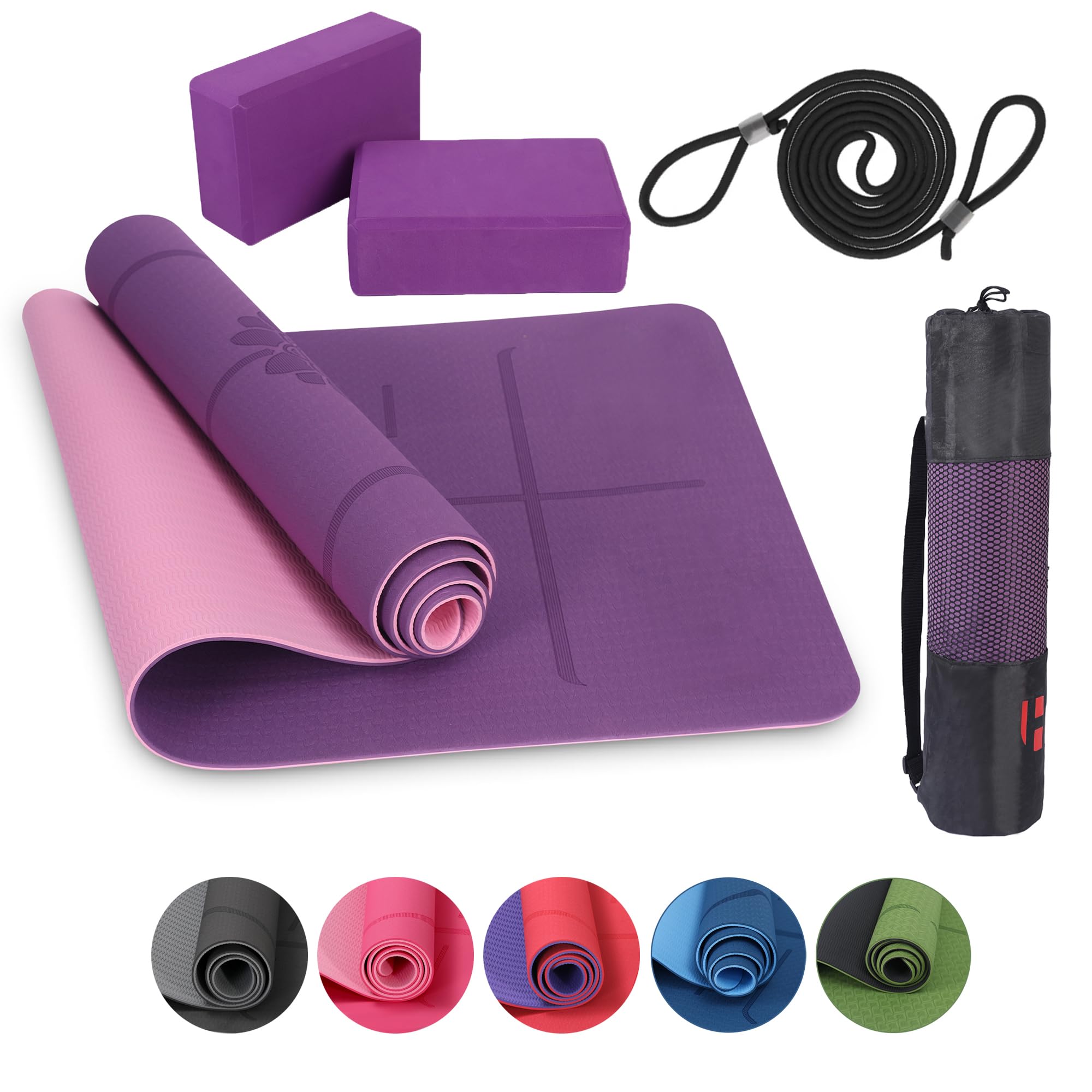 Habib Yogamatte Set mit Yogablöcken – Rutschfeste gepolsterte Fitnessmatte inkl. Tragetasche mit Schultergurt – 2er Set Blöcke für Pilates, Meditation & Erholung