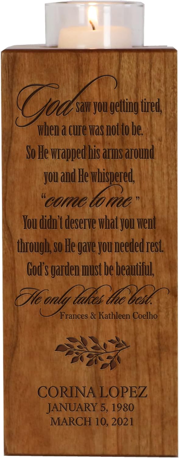 LifeSong Memorials Personalized Wooden 4x4x10 Cremation Urn Box and Candle Votive Holder Decoration Loss of Loved One Condolence Sympathy Comfort Gift Funeral Keepsake (God Saw You)