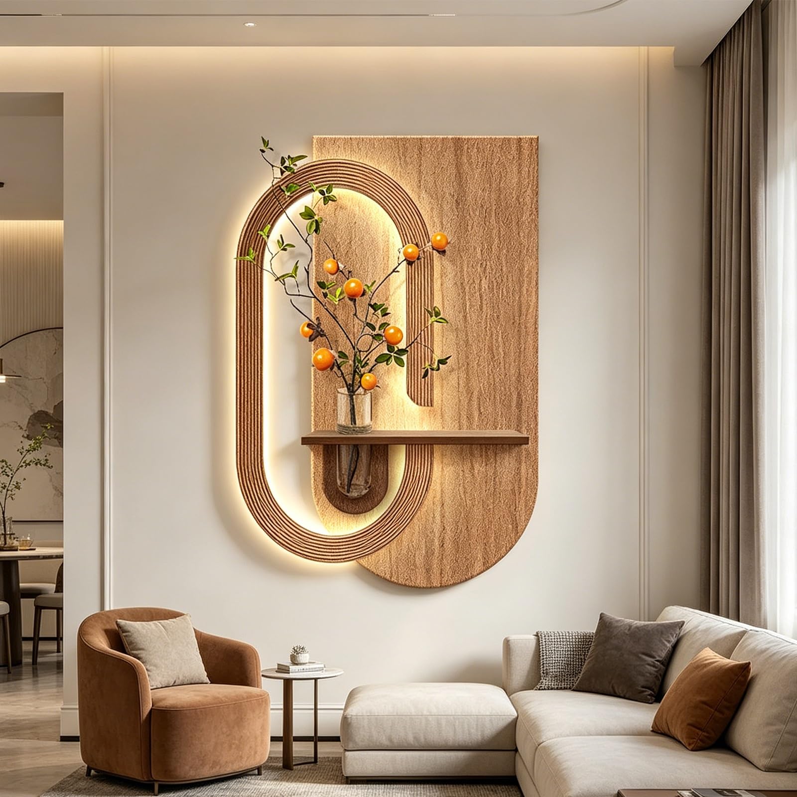 PGZMDTWI 3D Wall Art Sandstone Texture Decor for Living Room, Modern LED Lighted Wall Sculpture with Glass Vase & Green Plants for Entryway Hallway(C,100 * 150CM 9.4 * 59.1IN)