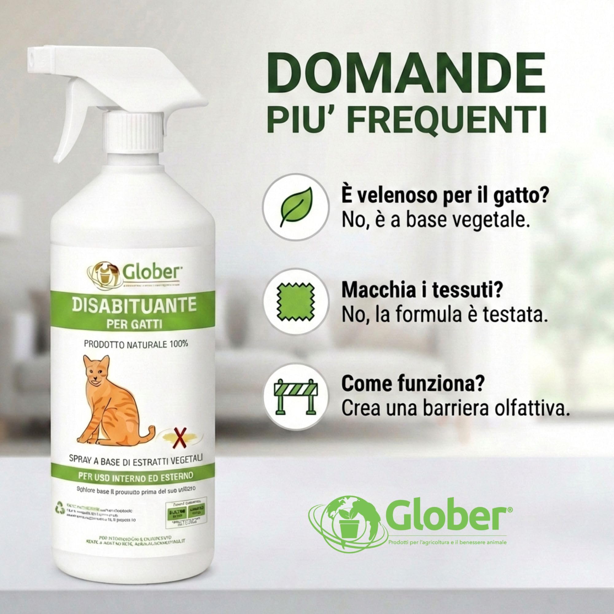 GLOBER Disabituante per Gatti Anti Urina - Spray 750ml - Made in Italy, 100% Base Vegetale per Interni ed Esterni - Addestrativo Urine Stop Gatto - Dissuasore Gatti e Elimina i Cattivi Odori