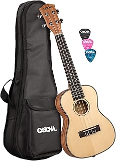 CASCHA Konzert Ukulele, Massive Fichtendecke, Solid Top, Hawaii Gitarre Set mit Aquila-Saiten, Zubehör, Tasche und 3 Plektren