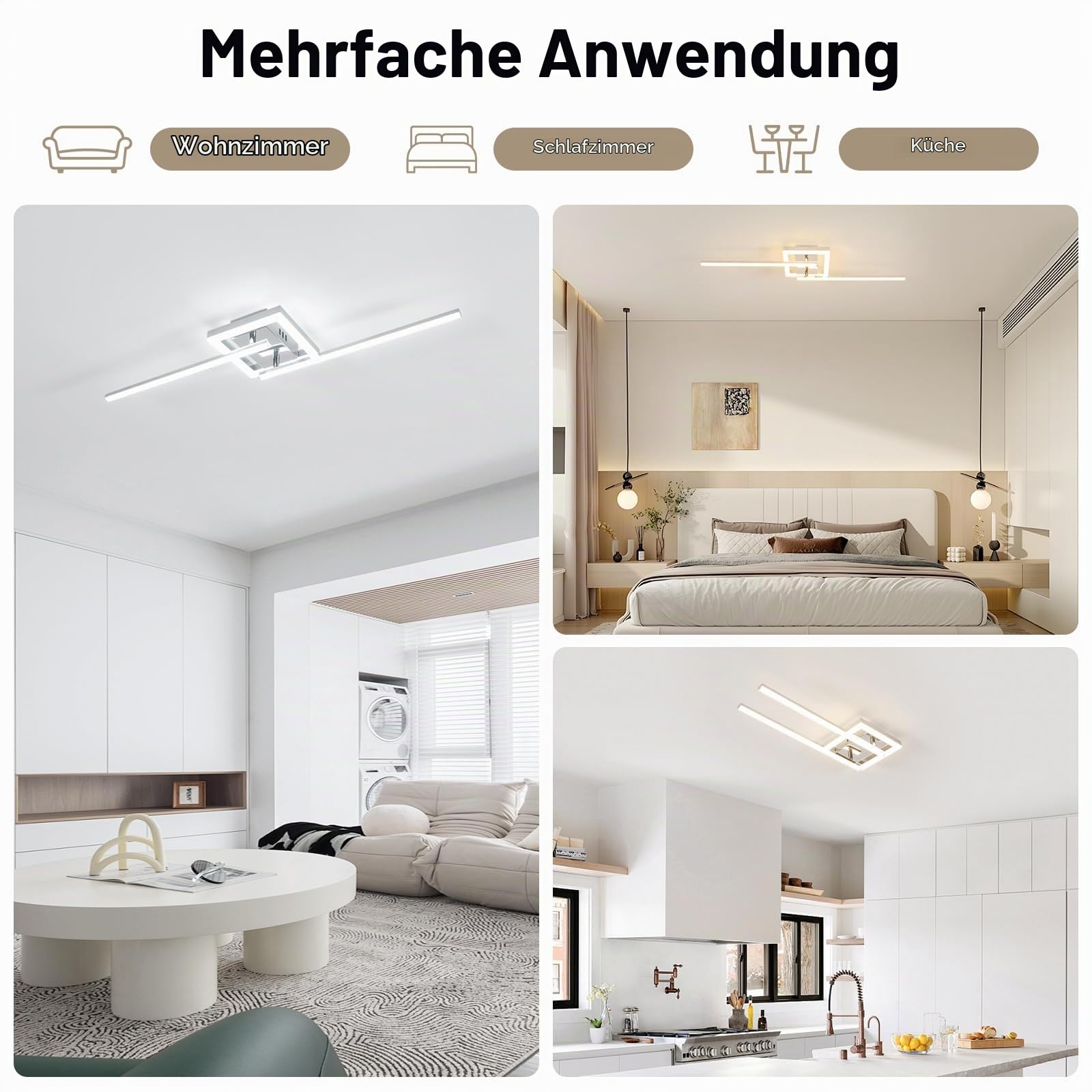 Dorlink Deckenlampe LED Dimmbar, Drehbar Deckenlampe Schlafzimmer 22W, Lampe Wohnzimmer 3000K/4000K/6500K, Wellen Esstischlampe, 2 Lichter Flurlampe Decke, Silber LED Wandleuchte für Küche, 82CM