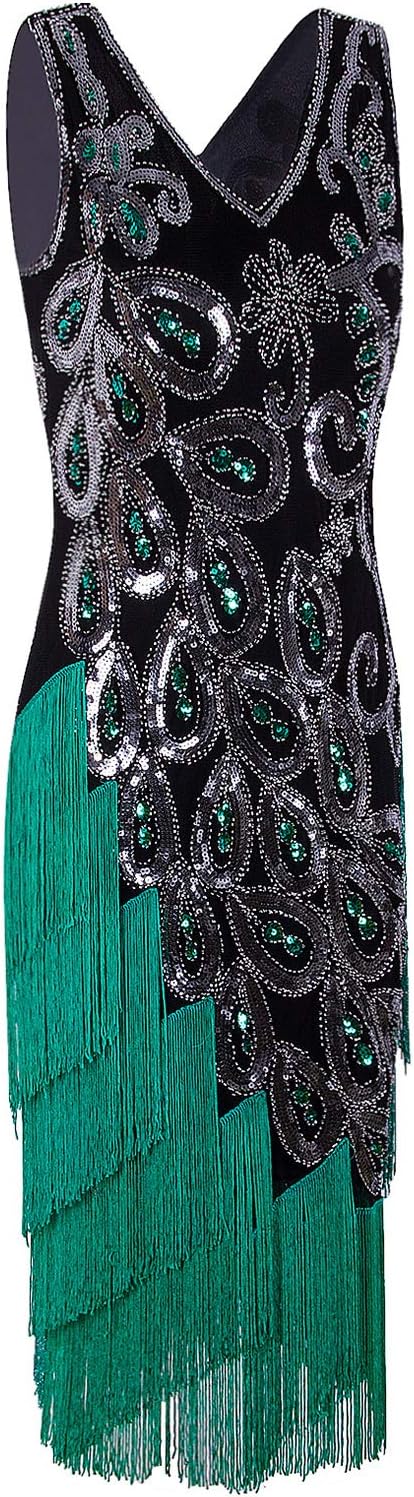VIJIV Women's Vintage 1920s Style Peacock Sequin Roaring 20s Gatsby Party Flapper Dress - Image 2