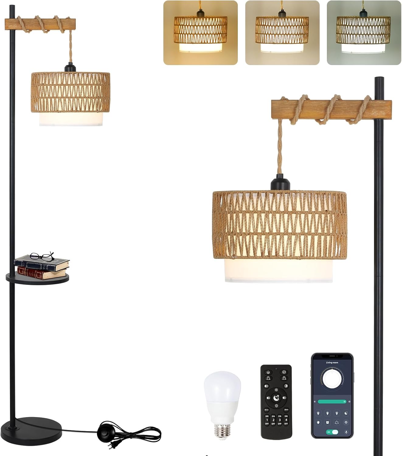 Boho Floor Lamps For Living Room With Remote & Smart Bulb, Rattan Floor Lamp With Shelves, Corner Tall Standing Lamp With Double Shades & Wood Decor, Dimmable Stand Up Lamps For Office Bedroom Nursery Bohemian