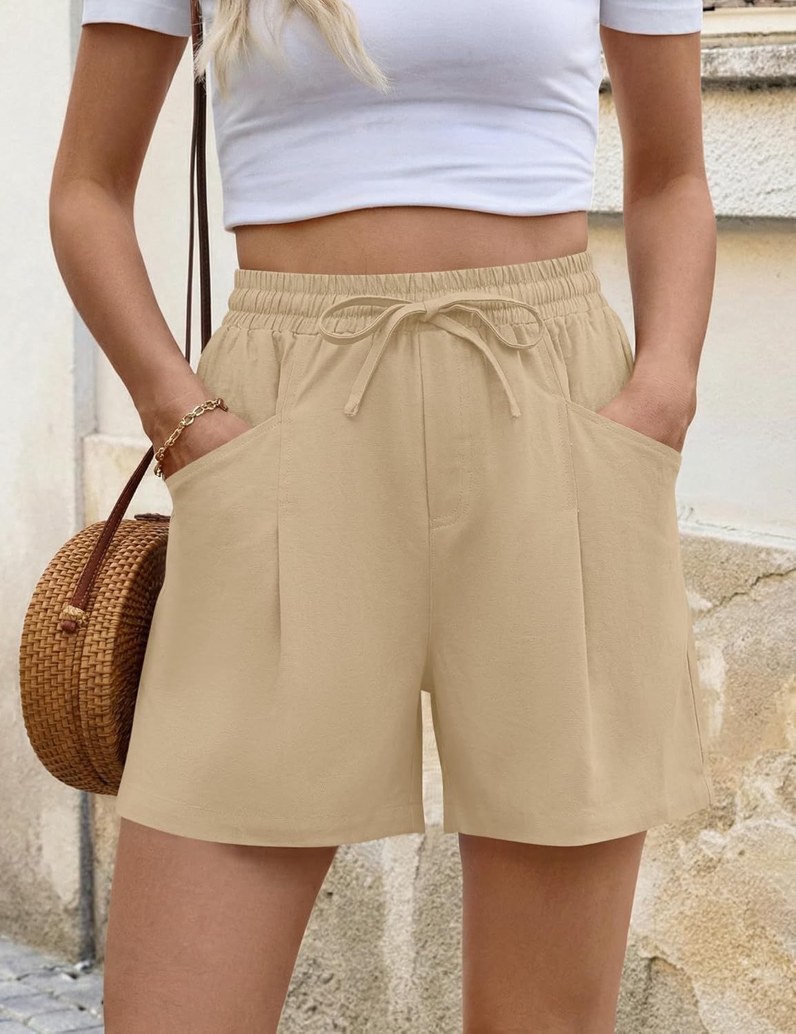 AKEWEI Linen Shorts Women Casual Wide Leg High Waisted Summer Pants Comfy Elastic Waist Drawstring Shorts with Pockets - Image 4