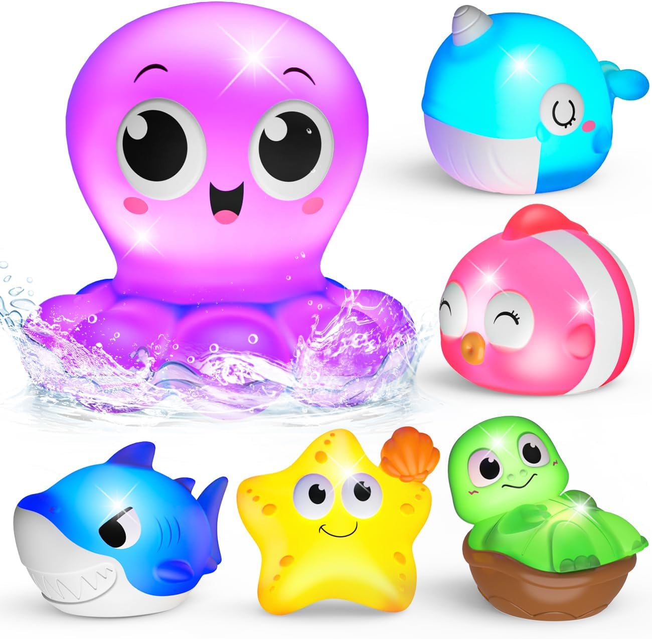 Light Up Bath Toys for 1 2 3 Year Old, Baby Ocean Water Toys for 6-12-18 Months with Flashing LED Lights, Baby Shower Birthday Gifts for Bathtub Toddler Kids Toys Age 1-3 (6 Pack)