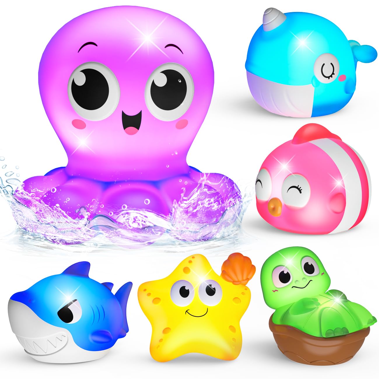 Light Up Bath Toys for 1 2 3 Year Old, Baby Ocean Water Toys for 6-12-18 Months with Flashing LED Lights, Baby Shower Birthday Gifts for Bathtub Toddler Kids Toys Age 1-3 (6 Pack)