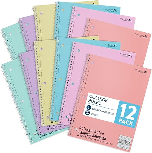 Blue Summit - Cuaderno de espiral pastel con rayas universitarias, cuadernos escolares de una materia, cuadernos perforados a granel, libro escolar