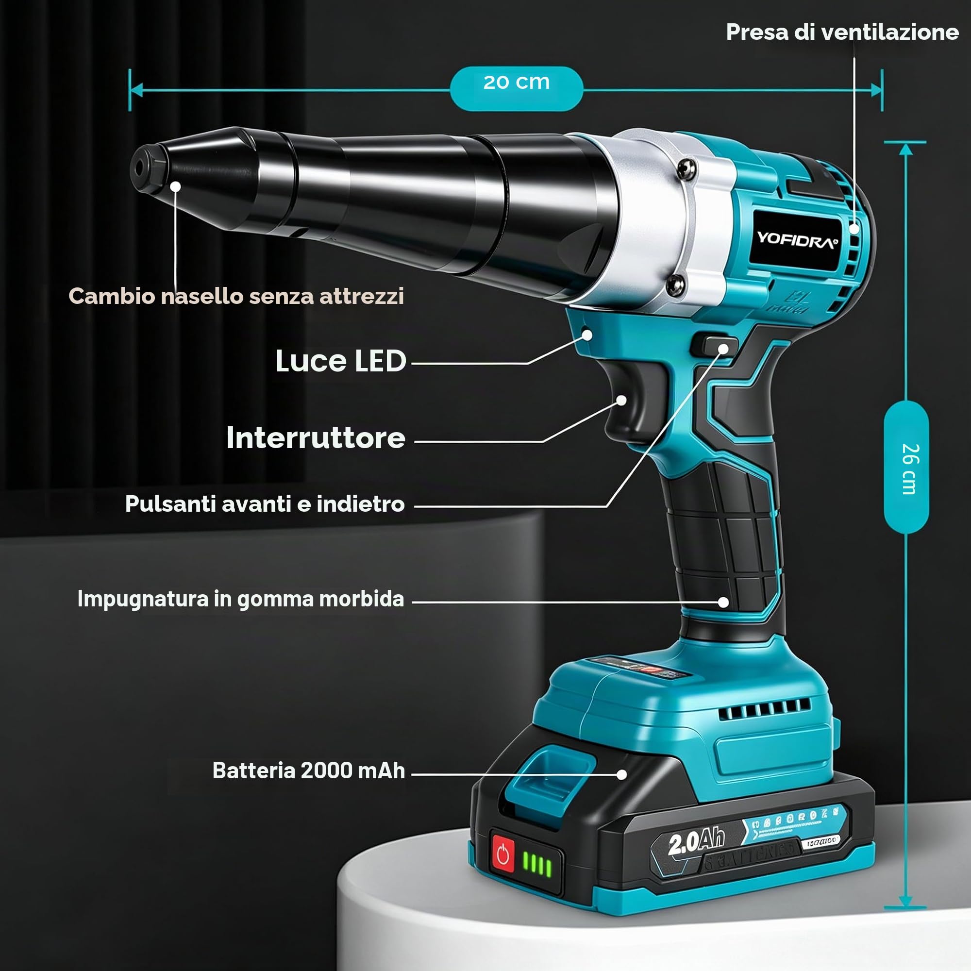 Yofidra Pistola a Rivetti Senza Spazzole 800W, Set Pinza per Rivetti Pop 10.000N con 2x2.0Ah Batterie, Pinza Automatica Elettrica per Rivetti ciechi in Acciaio & Alluminio da 2.4-5.0mm, Corsa 20mm