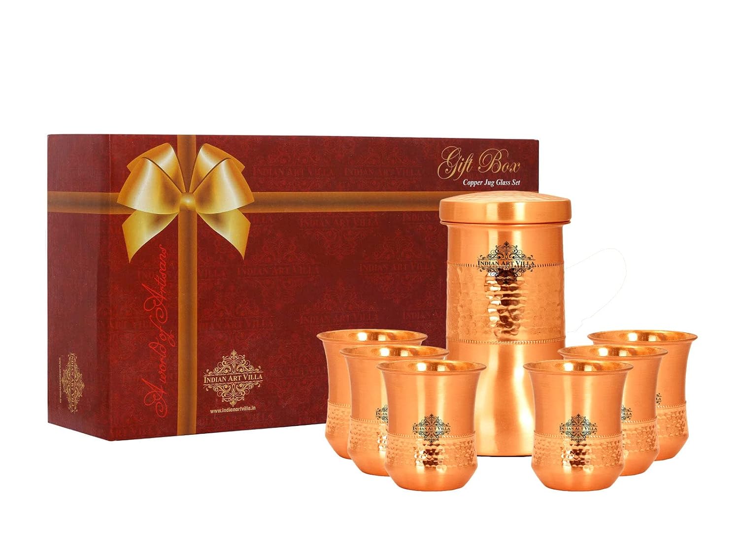 Indian Art Villa Copper Designer Hammered Smooth Bedroom Bottle With Set of 6 Copper Glasses Drinkware Diwali Anniversary