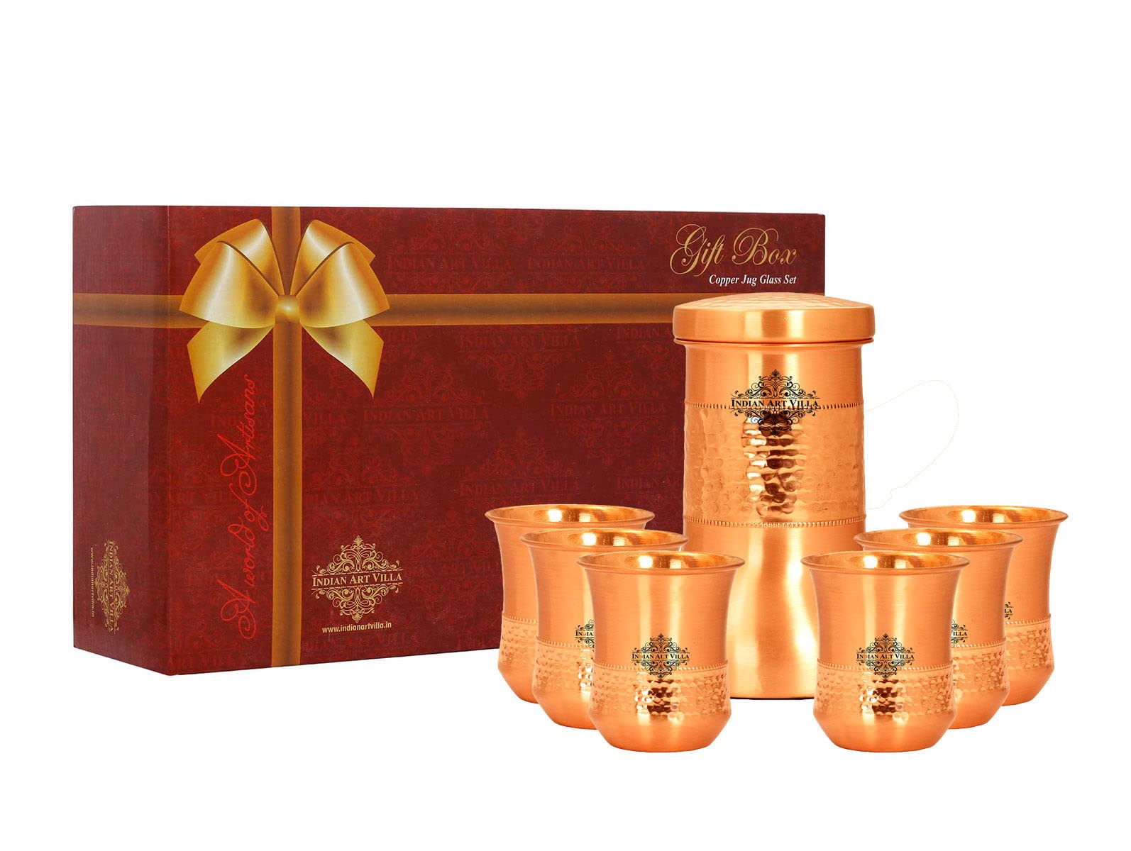 Indian Art Villa Copper Designer Hammered Smooth Bedroom Bottle With Set of 6 Copper Glasses Drinkware Diwali Anniversary