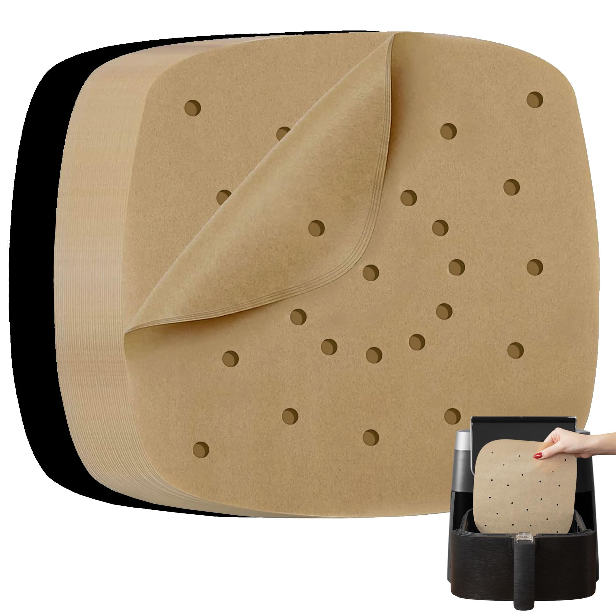 Air Fryer Liners Compatible with Bella, Chefman, Cosori, Dash, Nuwave Brio, More | Natural Unbleached Airfryer Parchment Paper Sheets, Pre-Cut Heavy-Duty and Non Stick