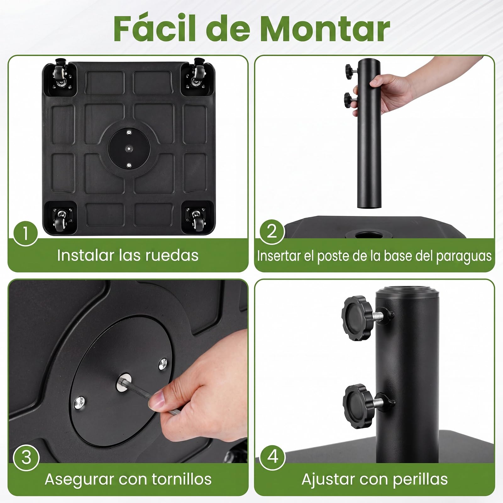 COSTWAY Base de Sombrilla con Ruedas, Pie Sombrilla Rellenable con Agua y Arena de 68 kg, 2 Frenos, 2 Perillas de Ajuste y 3 Adaptadores para Postes de 32/40/48 mm, Soporte de Parasol Terraza Exterior