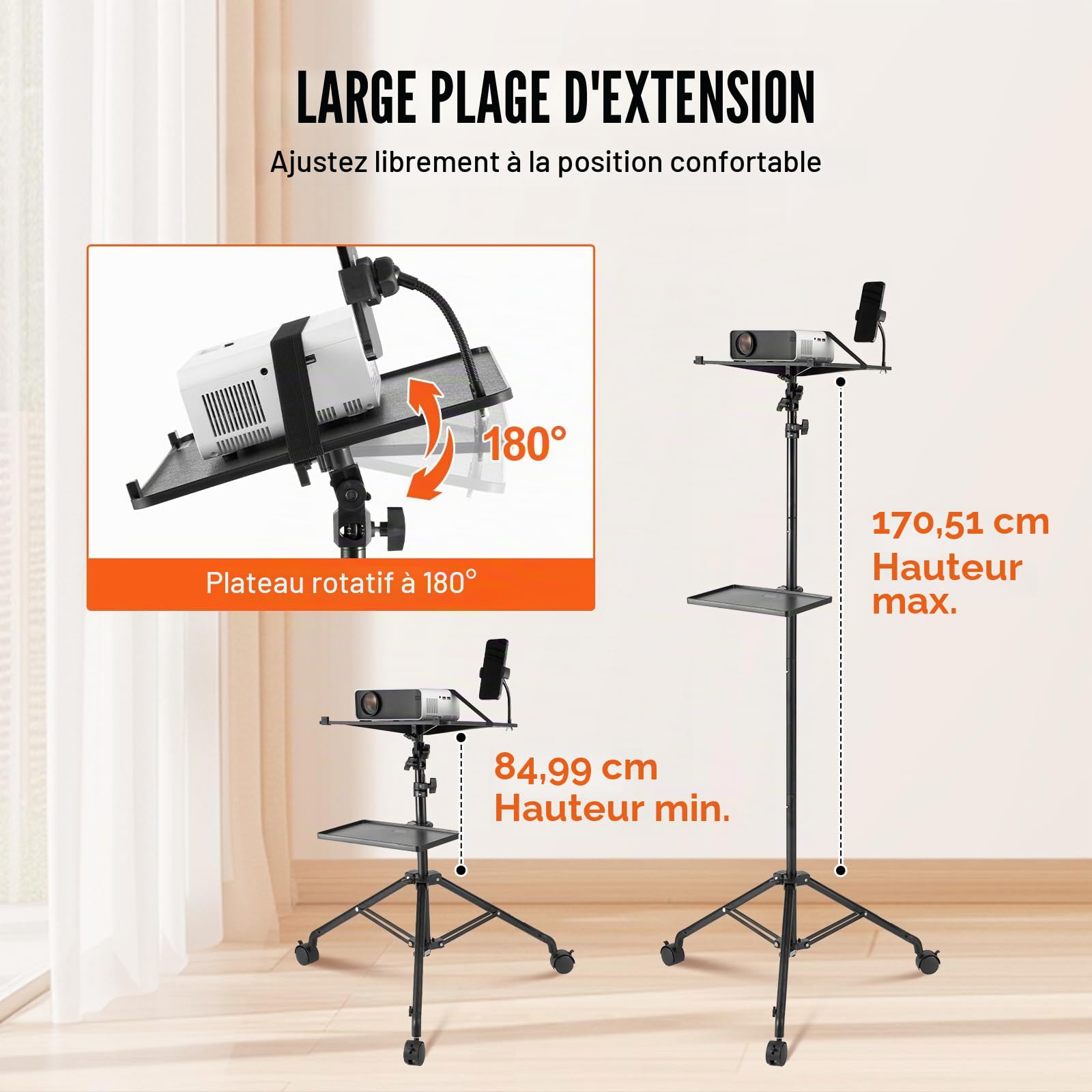 VEVOR Support de Projecteur avec Roues, Trépied pour Vidéoprojecteur Hauteur Réglable 79,5-171 cm, Stand de Vidéoprojecteur Ordinateur Portable, 2 Plateaux, Support de Téléphone, Maison Bureau Studio