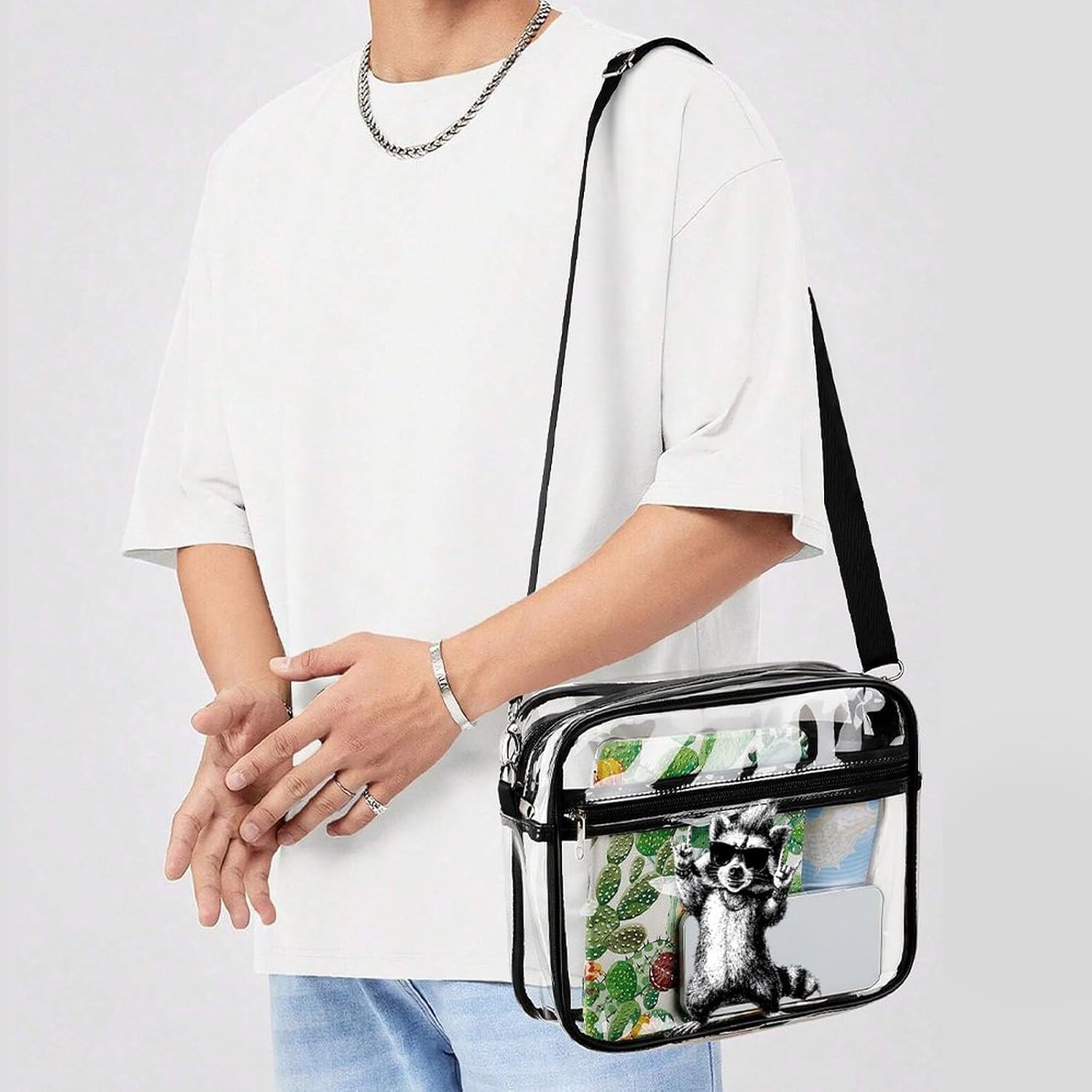 Raccoon Punk Rock Music Clear Tote Bag Transparent Stadium Approved | crossbody,10*3.1*8.7",zippered closure,with adjustable strap