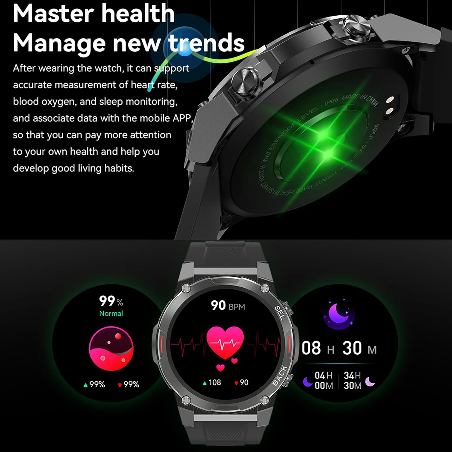 Image showing the YERAD Ultra 2 Plus smartwatch on a wrist, with graphics indicating heart rate, blood oxygen, and sleep monitoring data.