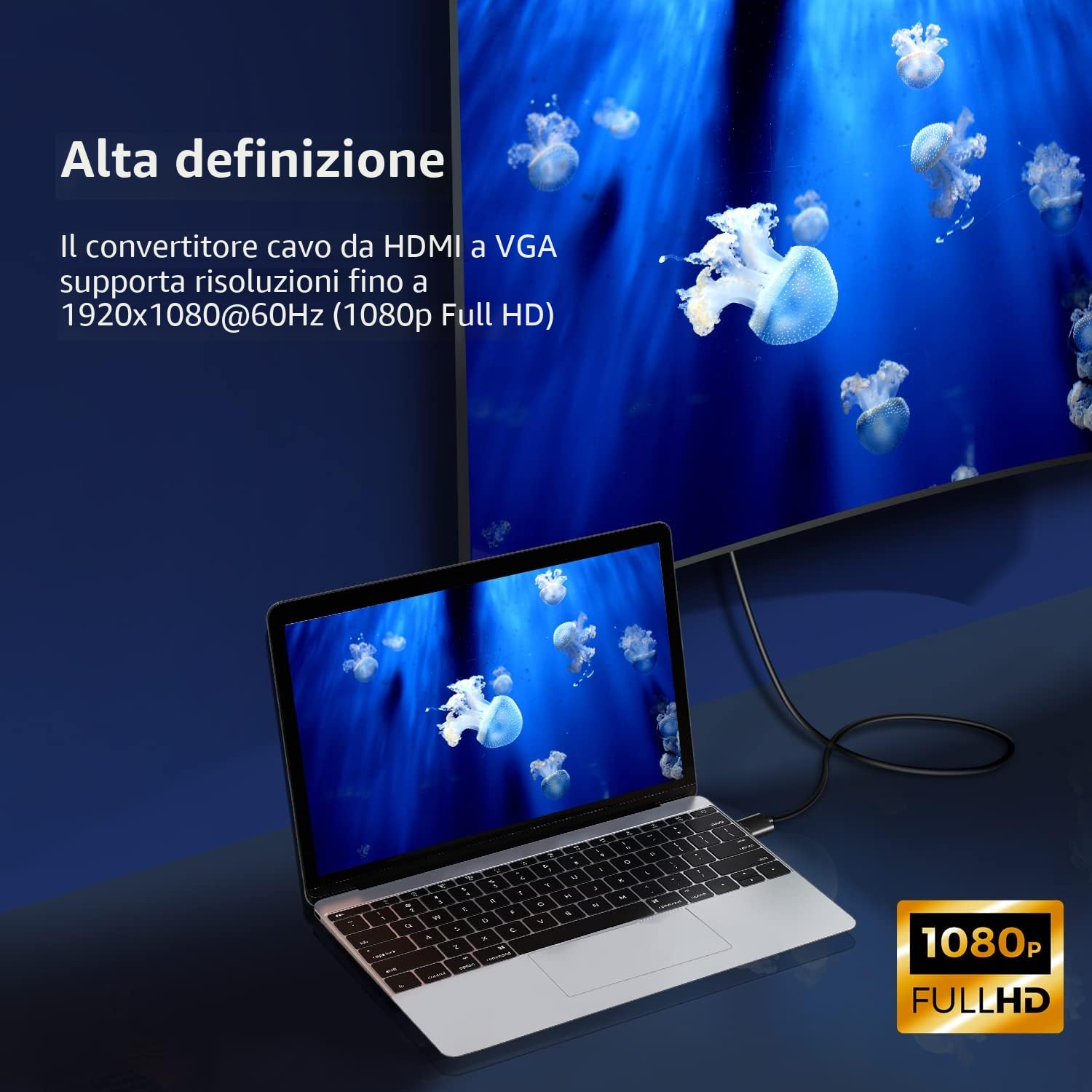 Herfair Cavo da HDMI a VGA, adattatore placcato in oro 1080P, cavo attivo di conversione video da HDMI digitale a VGA analogico per desktop, laptop, proiettore, monitor, HDTV, Xbox (1m)