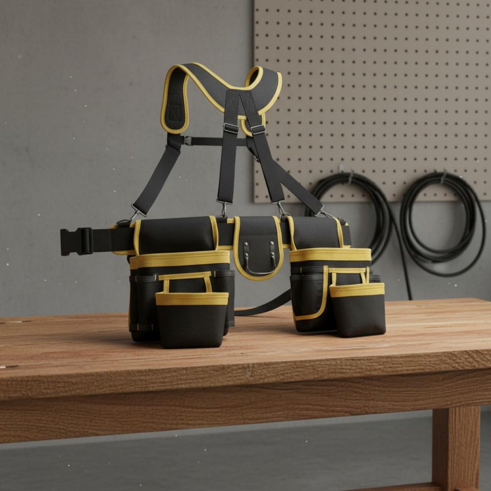 Cinturón de Herramientas con Tirantes Arnés de Electricista Riñonera de Trabajo Bolsa Multiusos para Herramientas Oxford de Alta Resistencia y Uso, Negro+Verde