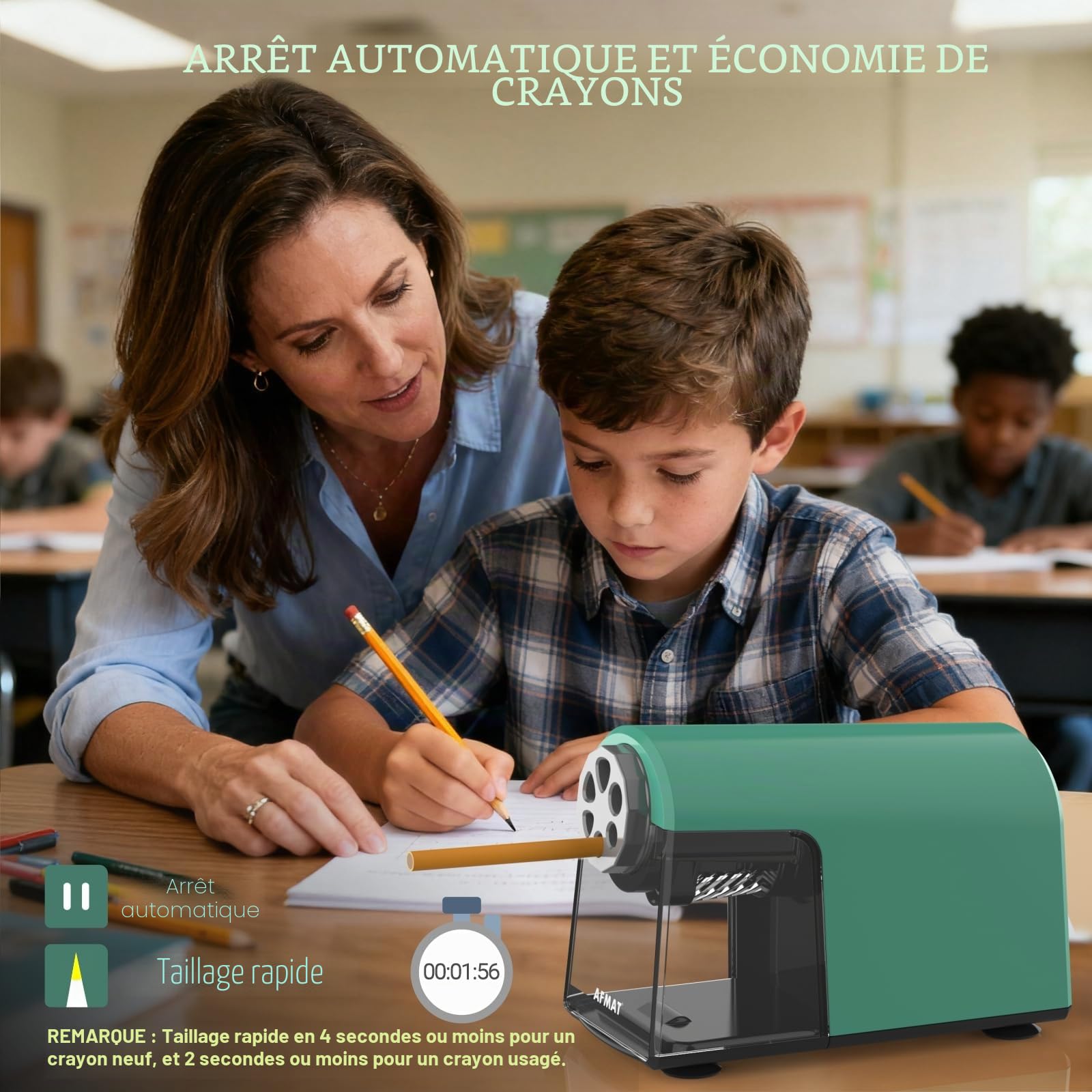 AFMAT Taille-crayon automatique avec boîte, 6 trous, arrêt automatique, rechargeable, pour grand crayon de 6 à 11 mm, pointe pointue, pour enfants, artistes et enseignants, vert, PSD2