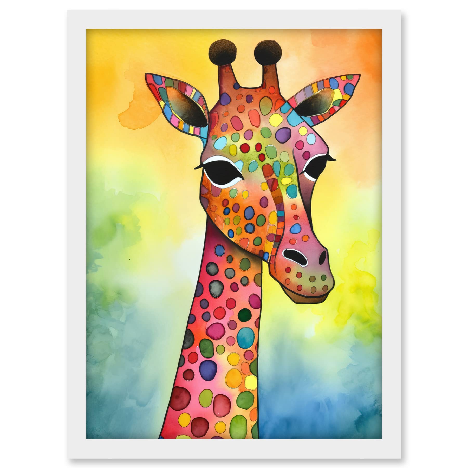 Artery8 Giraffe With Multicolour Pattern Folk Art Watercolour Painting Artwork Framed A3 Wall Art Print