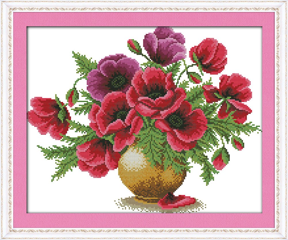 Benway Stamped Cross Stitch Poppy Flowers In Vase 14 Count