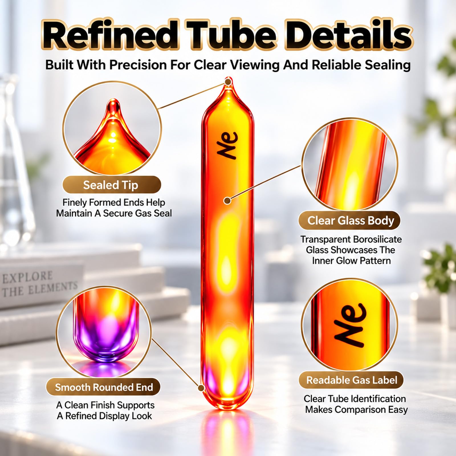 Edelgas-glühröhren-Set, 99,999% Reiner Edelgas-glühröhren, Inklusive He/ne/AR/kr/xe/n2, Für Elementsammlung, Experimente Und Unterricht, Ohne Anregungssockel, Zur Dekoration, Geschenk 6pcs