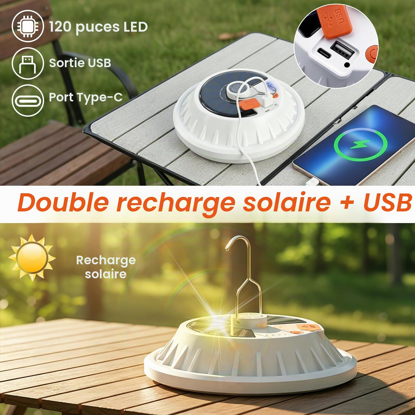 Lot de 2 Lampe Camping Solaire, Lampe Exterieur Rechargeable par USB avec Télécommande, 5 modes avec crochet, Lanterne de Camping Étanche Portable pour la randonnée, la pêche, les urgences