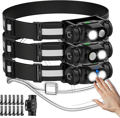 Linterna frontal recargable, 3 unidades, lámpara de cabeza brillante de alto lúmenes LED con sensor de movimiento, 4 modos, imán, linterna