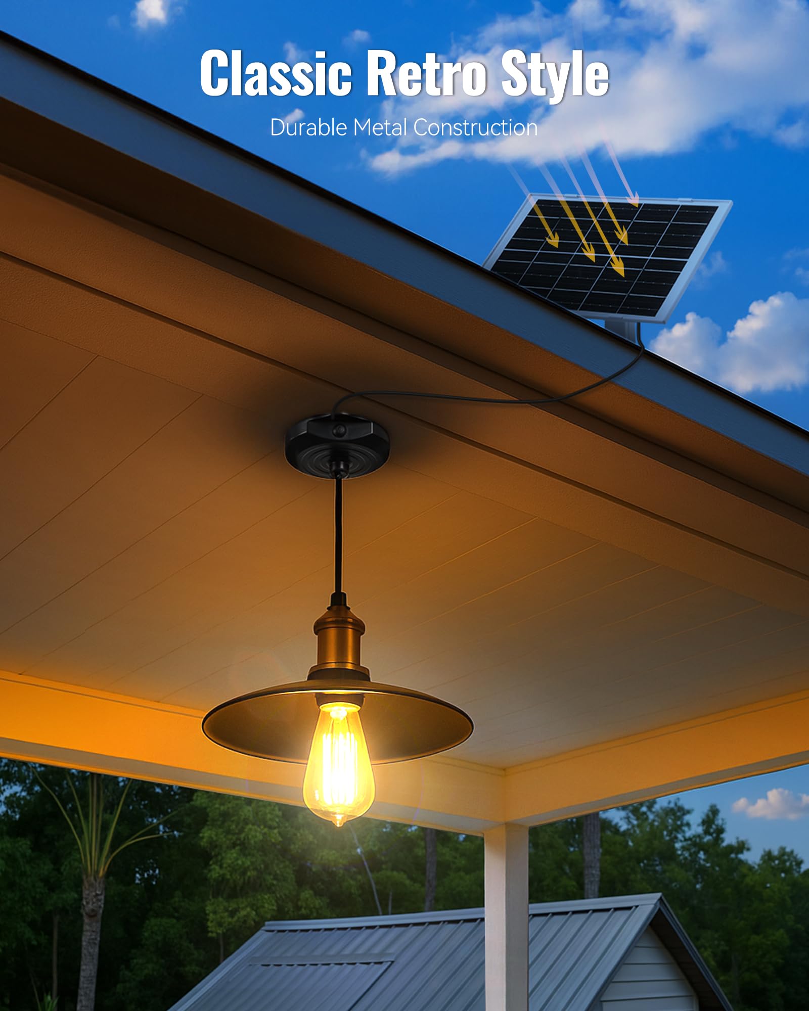 Lampara Solar Exterior Estilo Retro, 10 Niveles de Ajuste de Brillo, Lampara Solar Interior, Impermeable IP55, Ideal para Cenadores, Patios, Jardines, Garajes y Gallineros