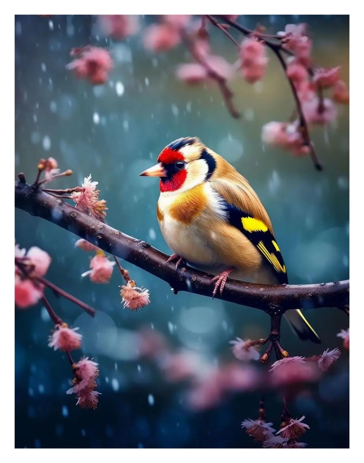 Impression sur toile chardonneret et fleurs 50x70 cm pour décoration murale