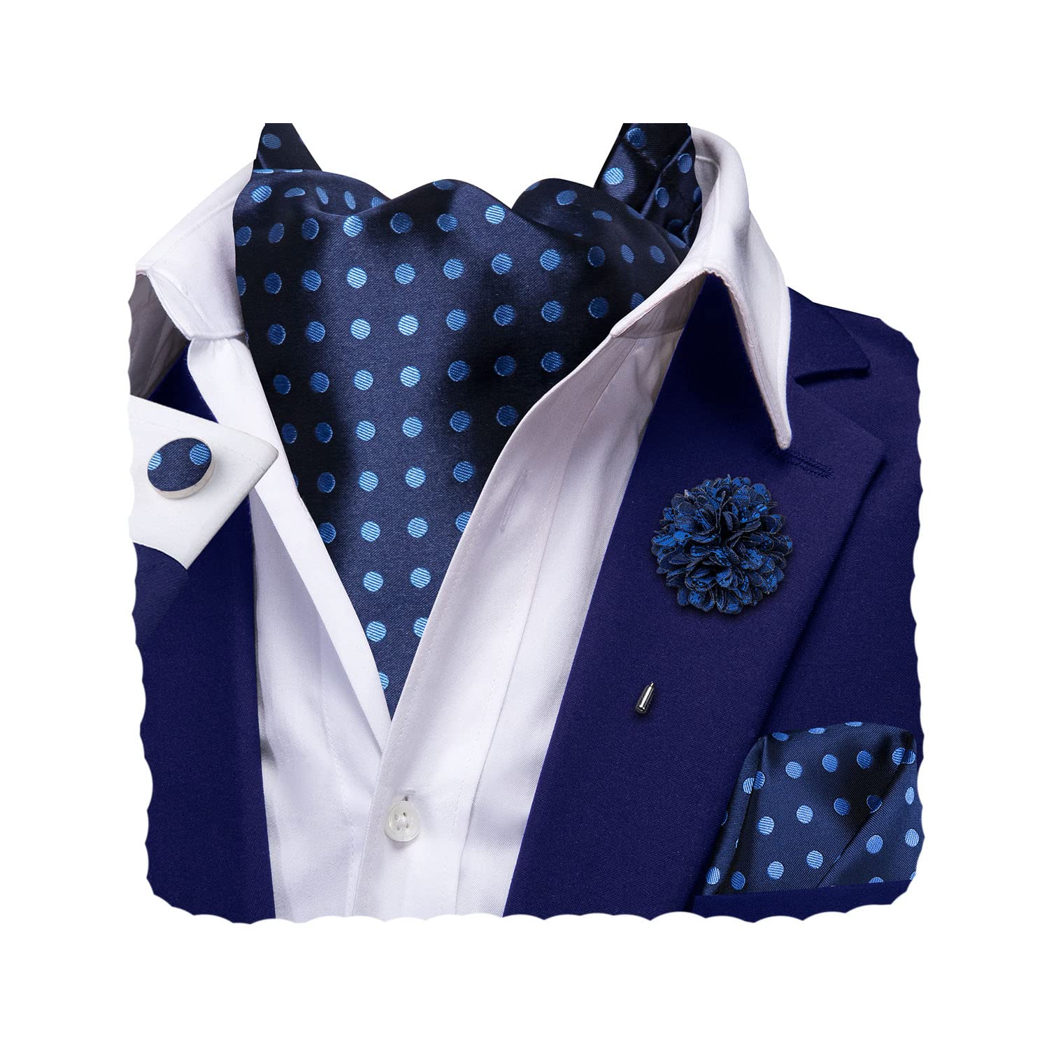 Hi-TieMen's Cravat And Flower Lapel Pin Set Jacquard Silk Ascot Handkerchief Cufflinks For Wedding Party Daily Dress