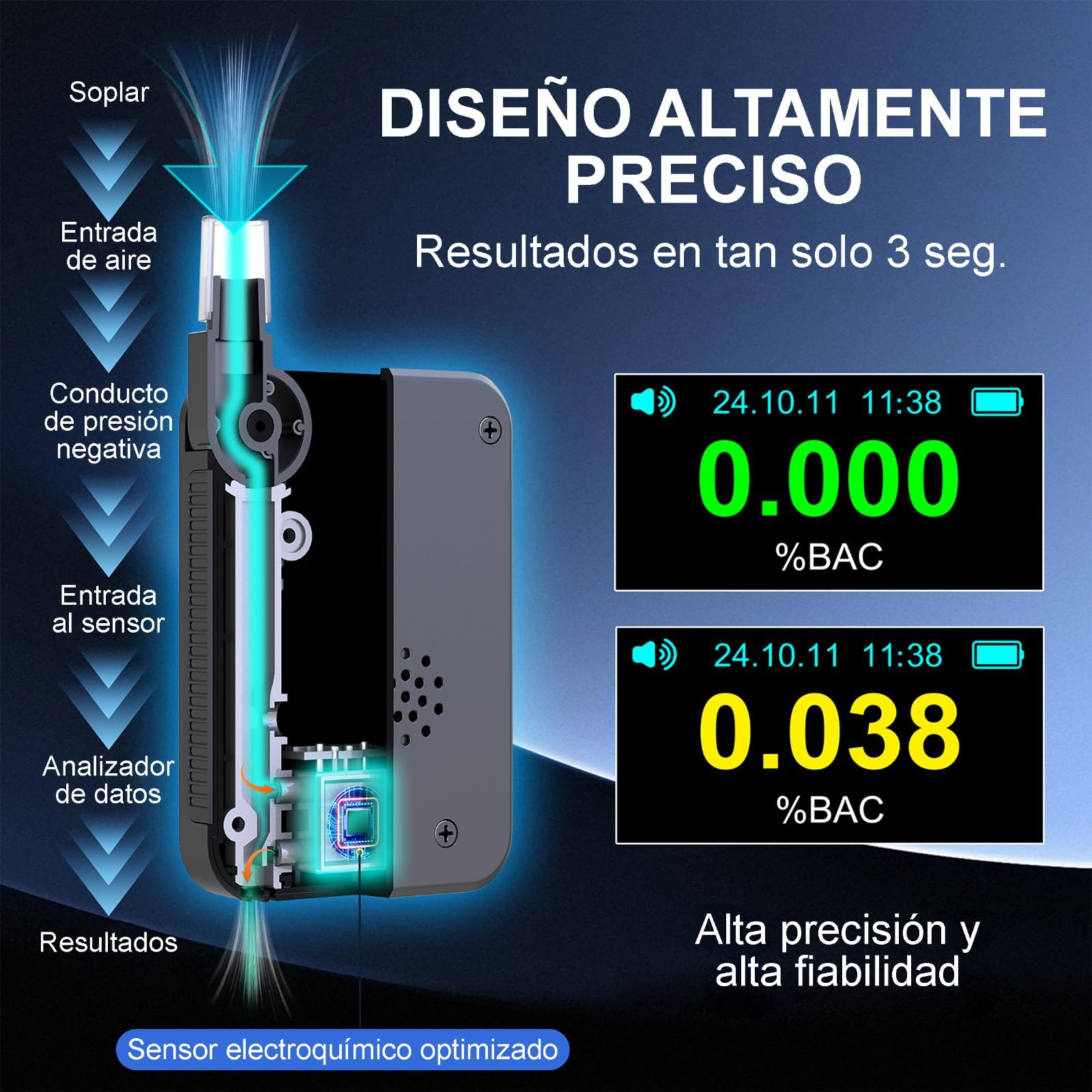 WENZA Alcoholimetro Homologado España con 16 Boquillas - Sensor Electroquímico de Alta Precisión con Pantalla LDC en Español- Etilometro Digital Recargable - Test alcoholemia Portátil