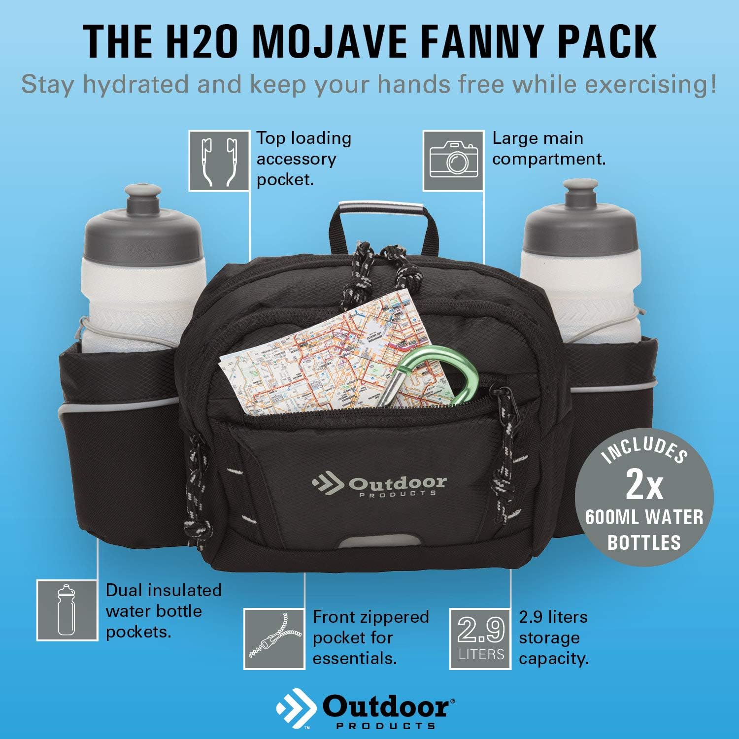 H2O Mojave Waist Pack by Outdoor Products | Fanny Pack with Water Bottle Holder | Hydration Belt Hiking Fanny Pack | 2.9L Storage Capacity + Two 600mL Water Bottles : Sports & Outdoors