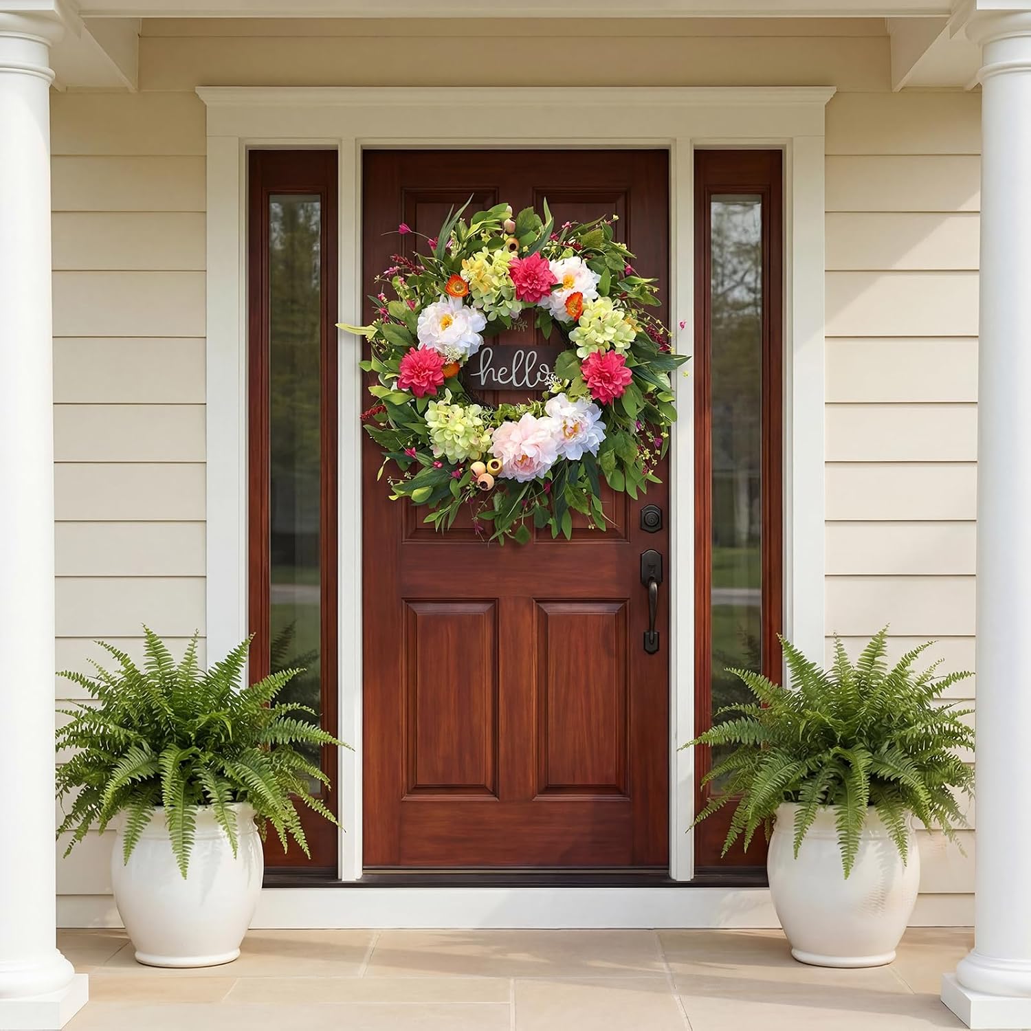 24" Spring Summer Wreaths for Front Door with Hello Sign,Hydrangea Wreath with Dasiy Peonies Berries Eucalyptus.Greenery Wreath for Front Door,Porch,Farmhouse,Wall,Window Indoor Outdoor Decor