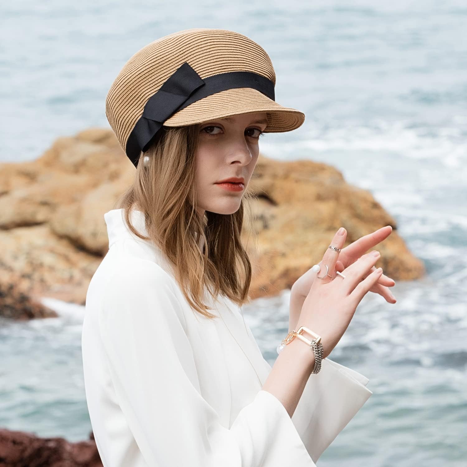 F FADVES Women's Straw Cap Newsboy Gatsby Ivy Visor Beach Hat with Bowknot