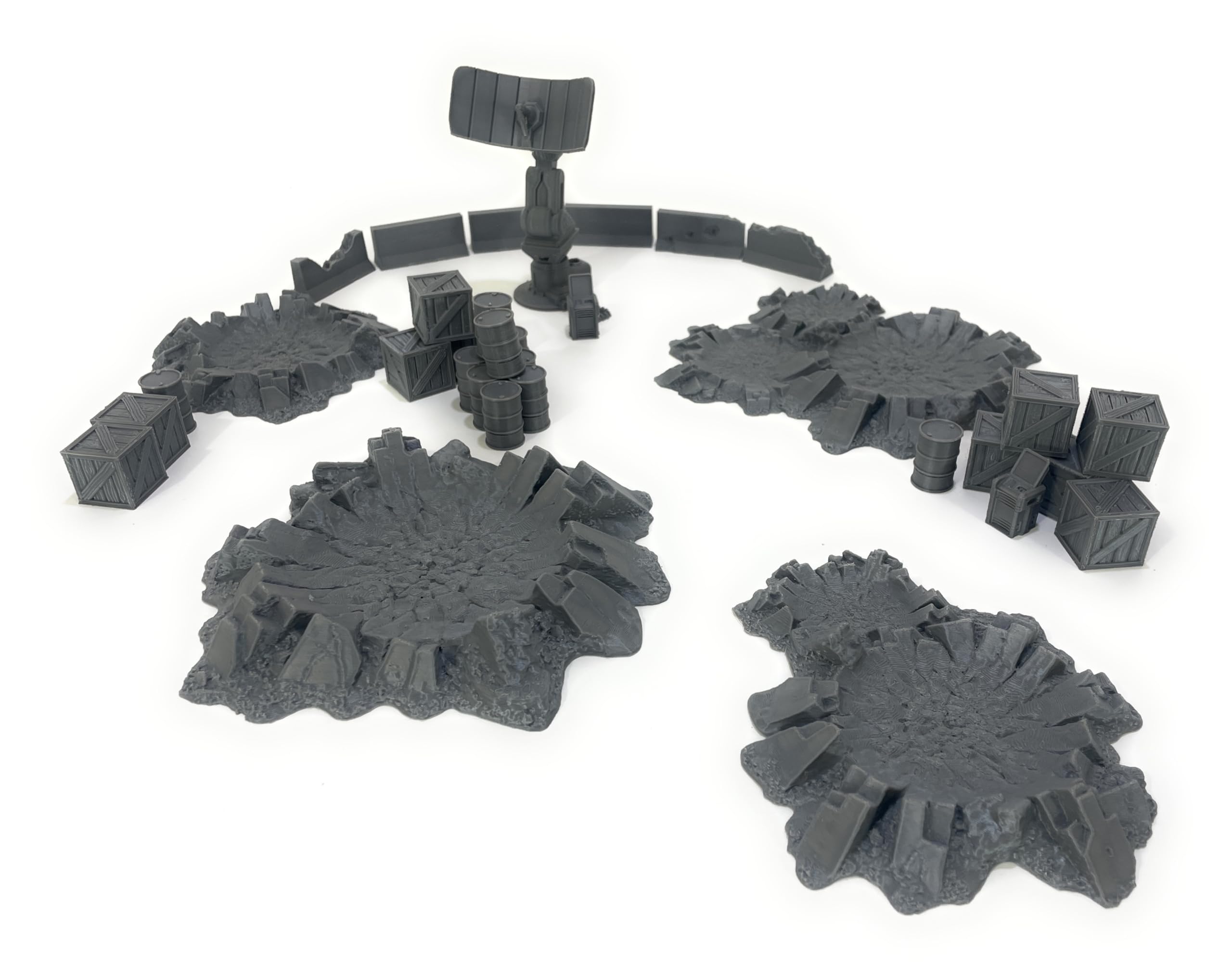 Craters Outpost Terreno de Dispersión Sci-Fi, 4 Cráteres con Torre de Comunicaciones, Barreras Jersey, Barriles y Cajas de Suministros, 28mm-32mm, 33 Piezas