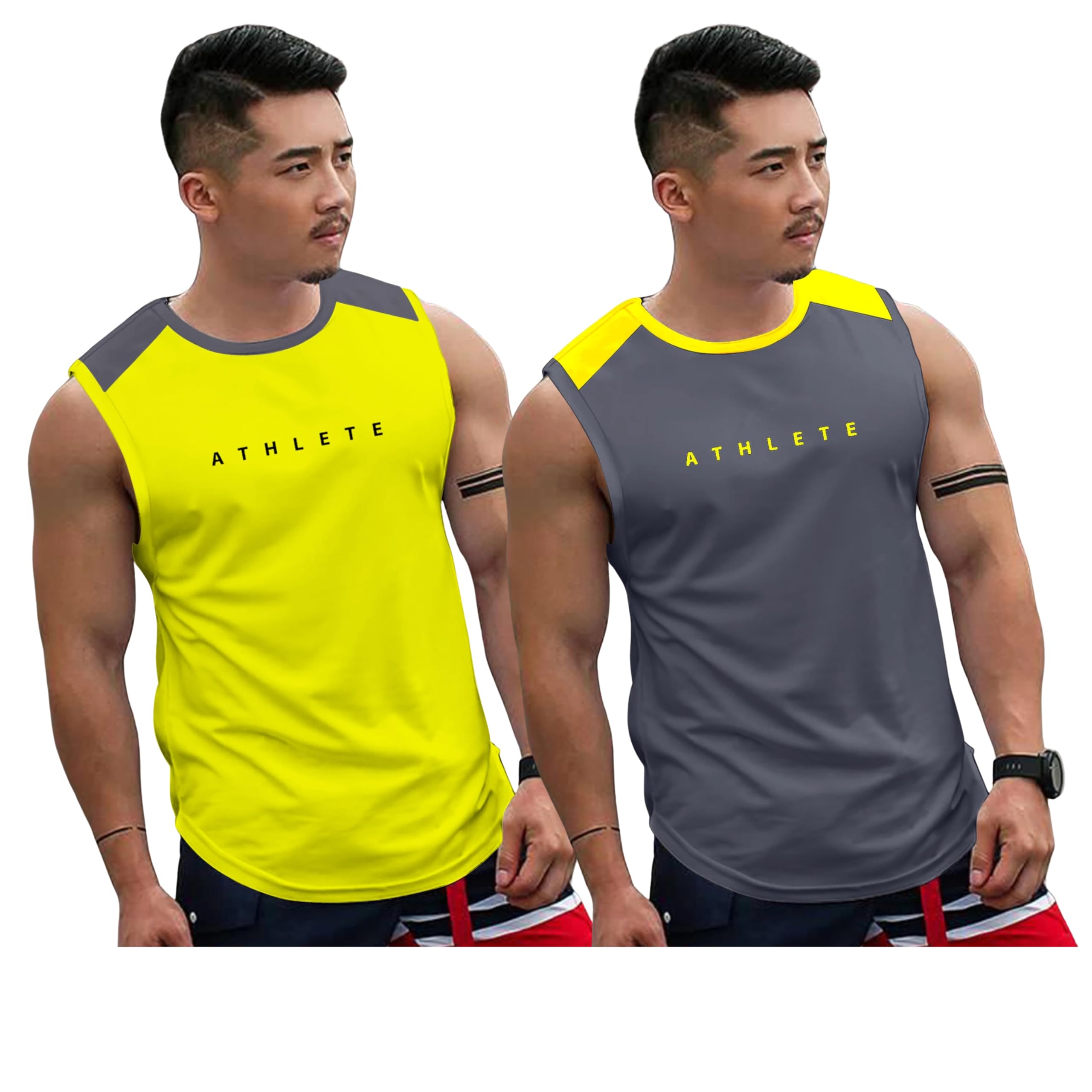 Mens Sleevless Printed Yellow & Grey Athlete Polyester Combo Gym Vest-image-31