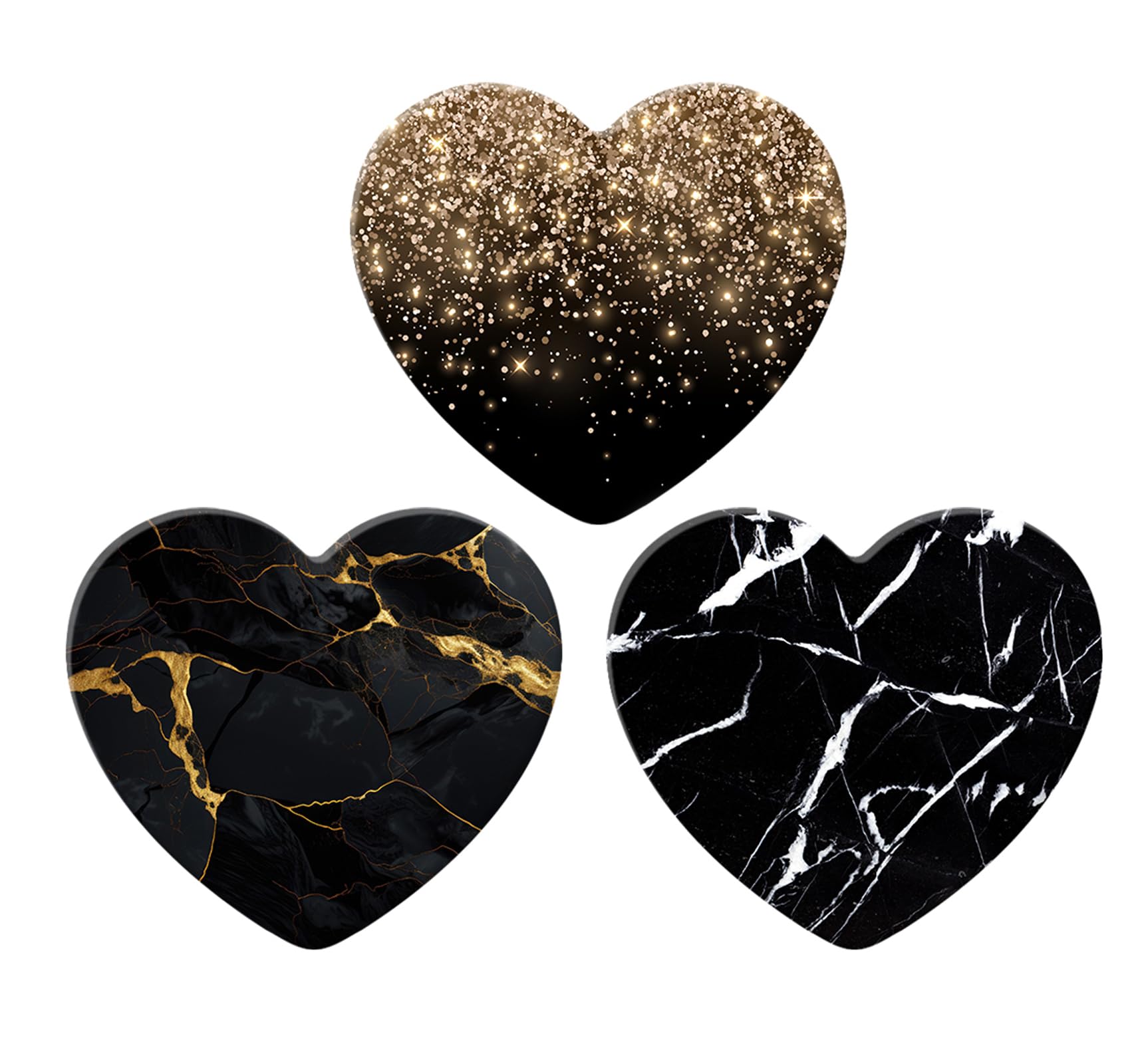 3 Pack Expandiing Cell Phone Grip Heart Shape Glass Finger Holder for Smartphones, Cellphone Collapsible Stand - Black Gold Marble