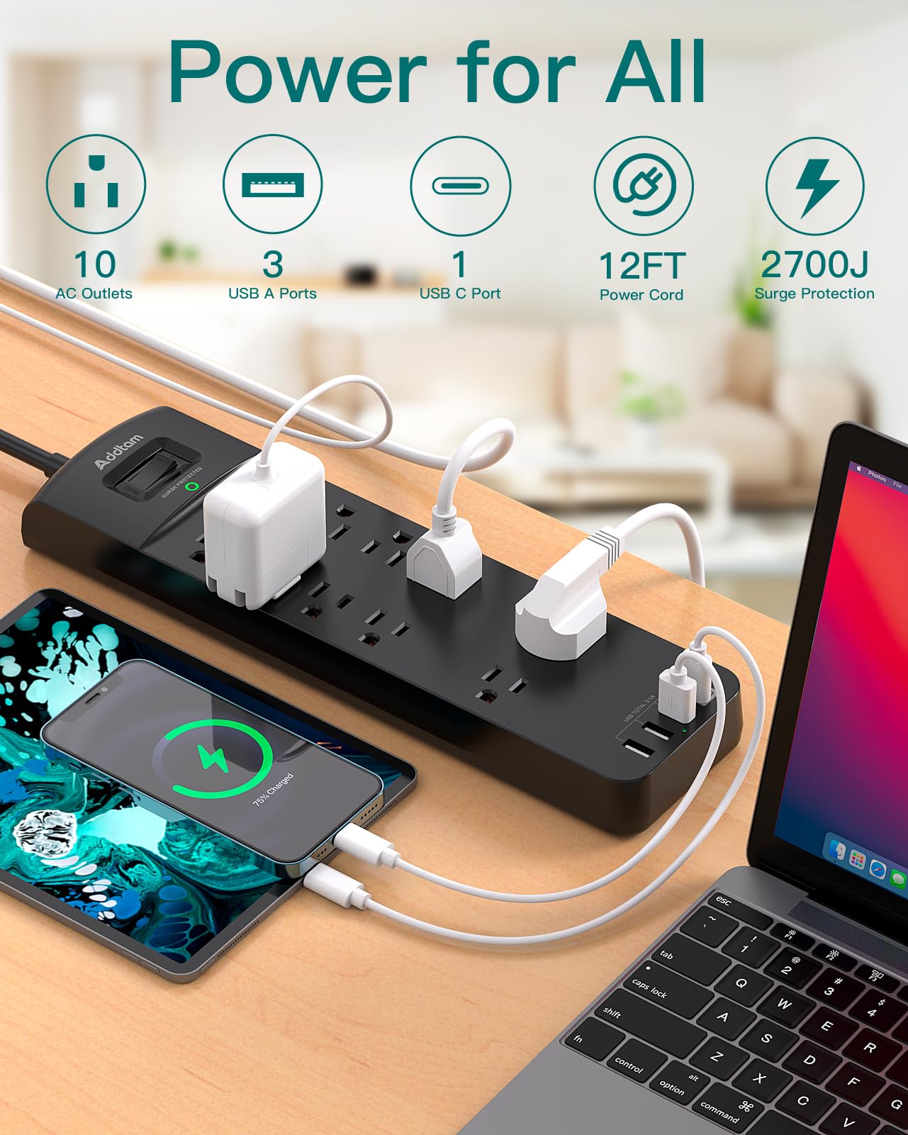 Snapklik.com : 12FT Long Power Strip Surge Protector, Addtam Surge ...