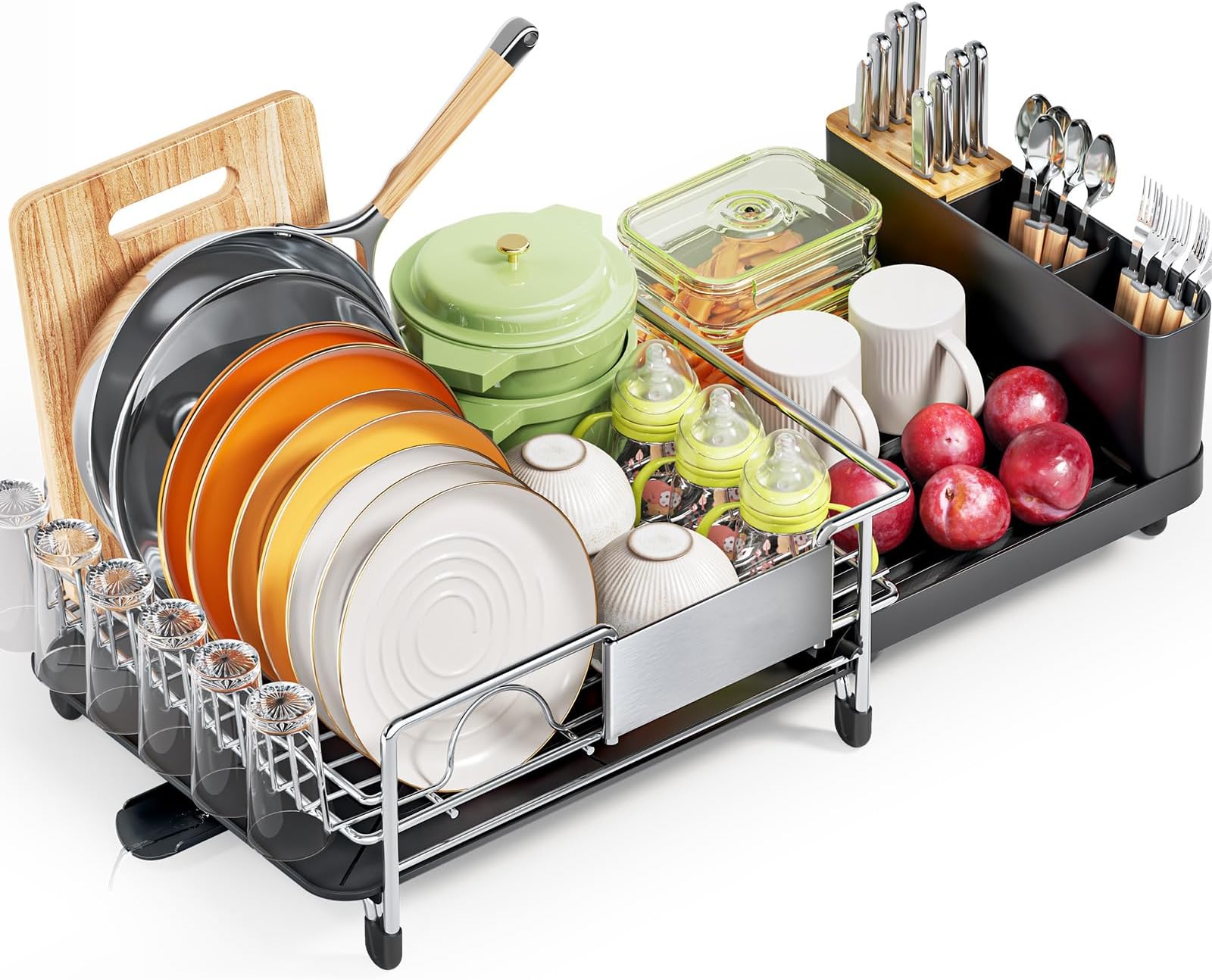 Dish Drainer Rack, Stainless Steel Dish Drying Rack, Expandable Kitchen Dish Rack, Large Capacity Draining Board Rack with 360 Swivel Spout, Black