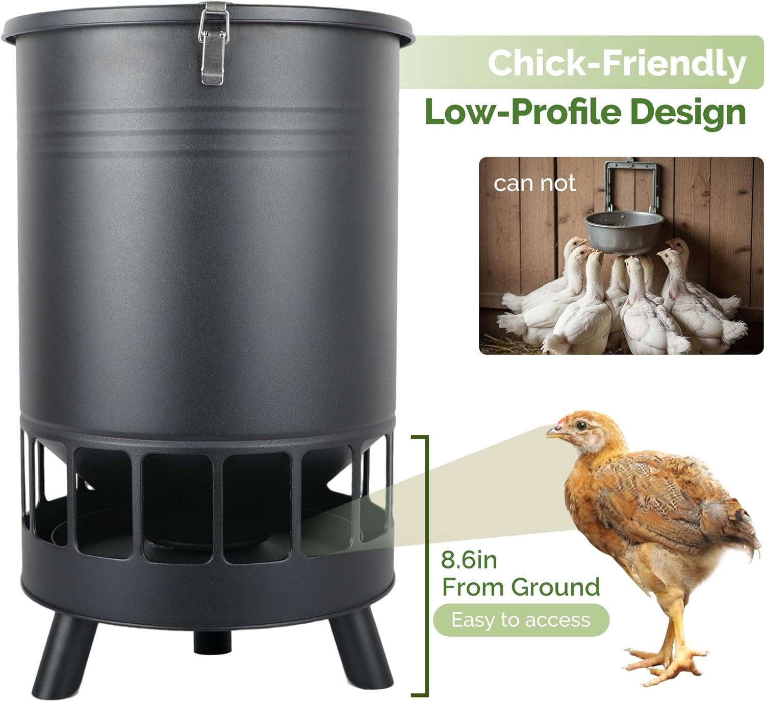 Solution4Patio 50LB No-Waste Chicken Feeder, Large Capacity Gravity Dispenser with Spill Control & 16 Feeding Ports Poultry Feeder for Outdoors & Hen Coop (Black)
