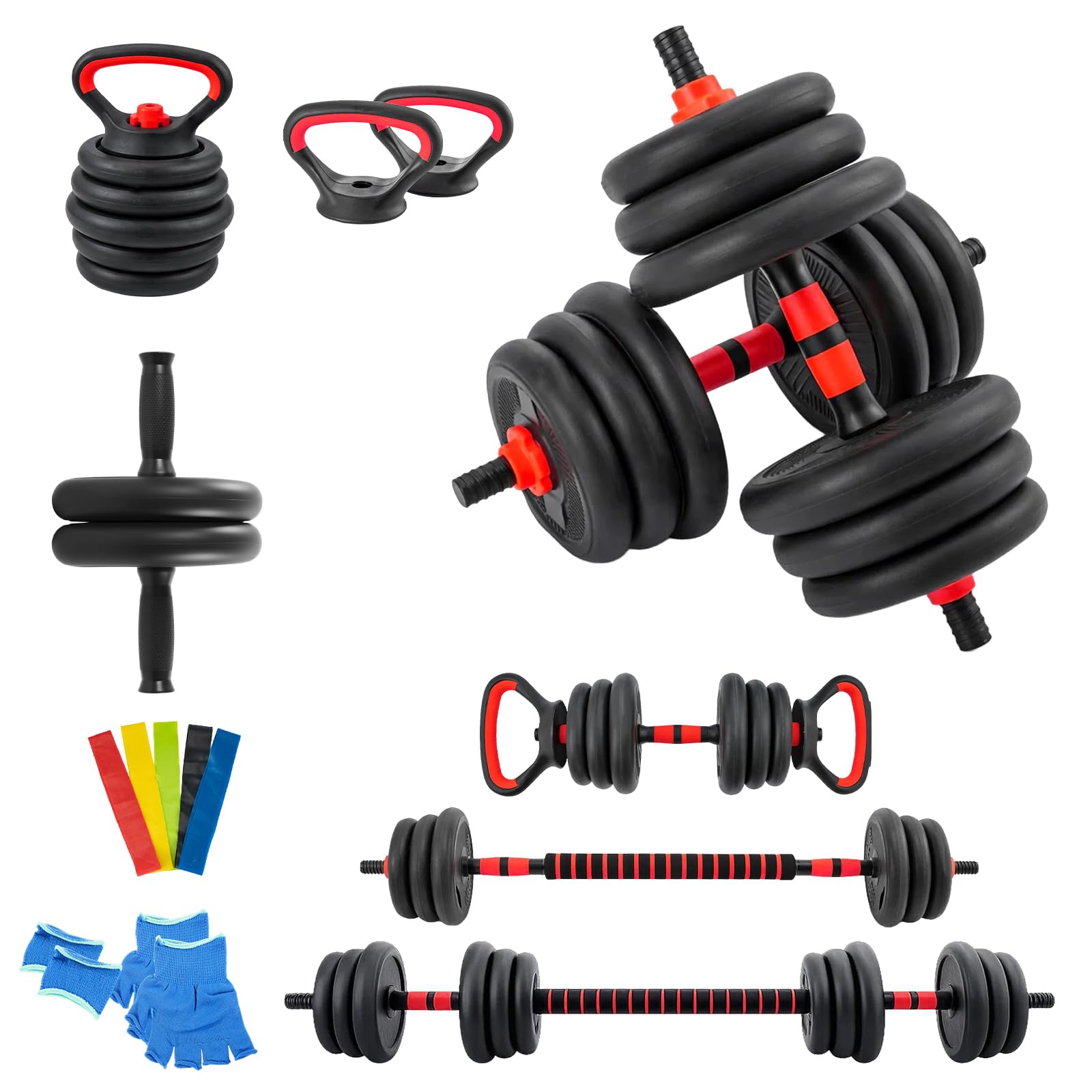M.J COMFY-LIFE 20Kg Dumbbell Set, Adjustable Home Gym Weights for Men & Women Barbell, Kettlebell, Push-Up Bars, Ab Roller Free Weights for Full Body Wor (Red, 5 in 1)
