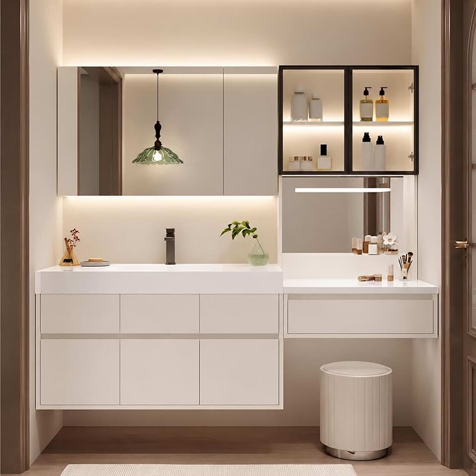 114 in Floating Bathroom Vanity Single Sink with Makeup Area